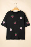 Black sequin strawberry t-shirt, relaxed fit, high-low hem, textured fabric