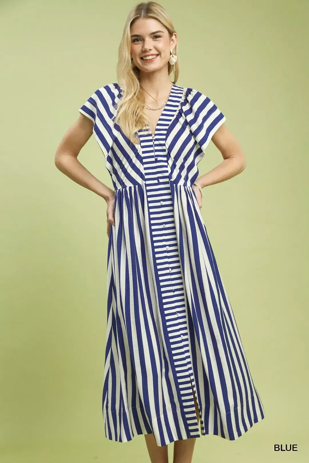White and navy blue striped button-front ruffled midi dress with relaxed fit and elegant flow