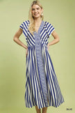 White and navy blue striped button-front ruffled midi dress with relaxed fit and elegant flow