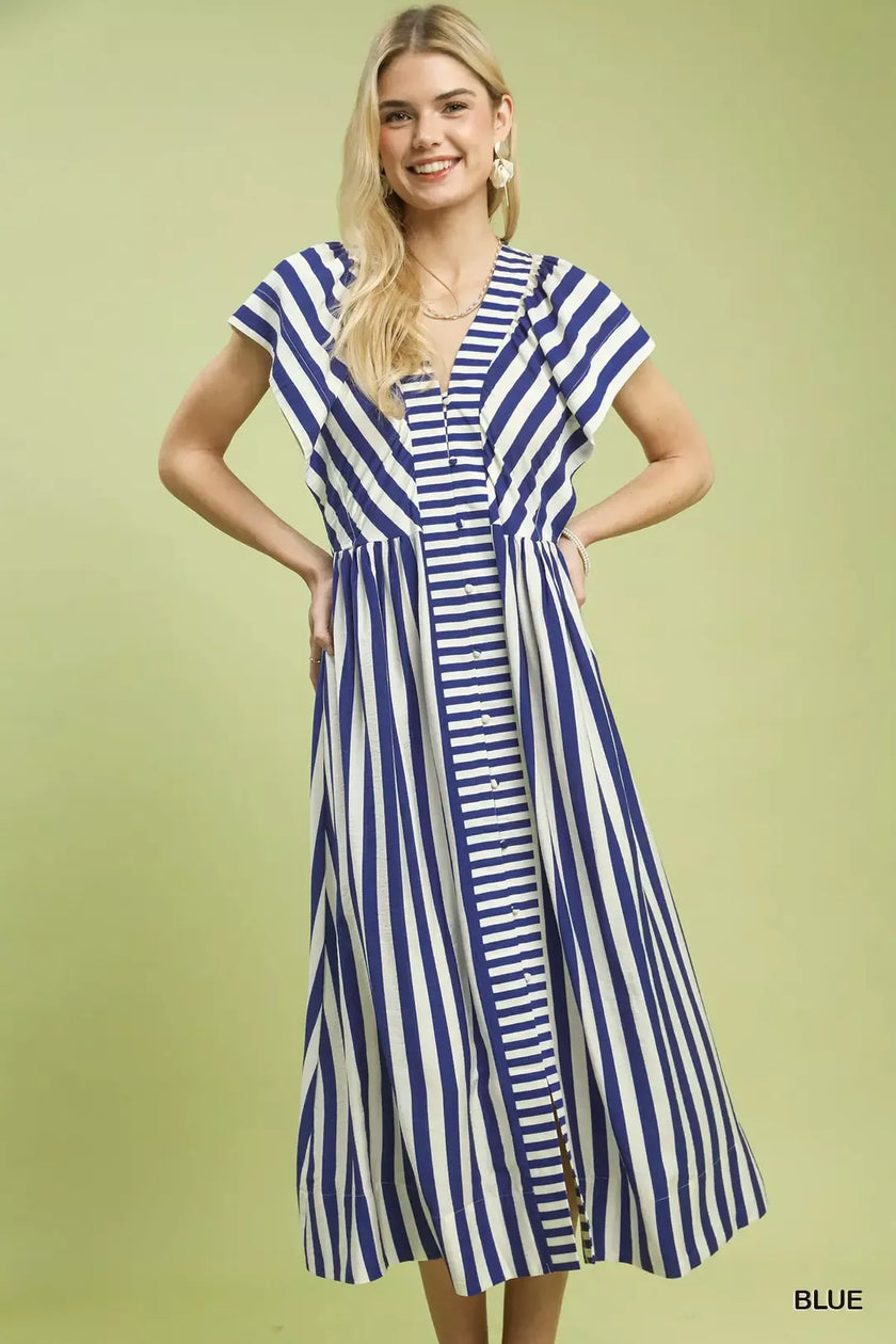 White and navy blue striped button-front ruffled midi dress with relaxed fit and elegant flow