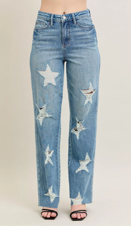90s-style high-waist rigid denim with distressed star cutouts, distressed texture, plus-fit straight leg jeans.