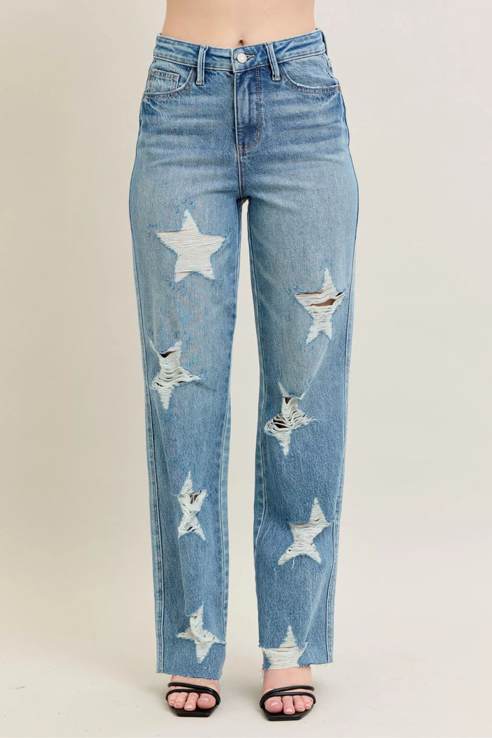 90s-style high-waist rigid denim with distressed star cutouts, distressed texture, plus-fit straight leg jeans.