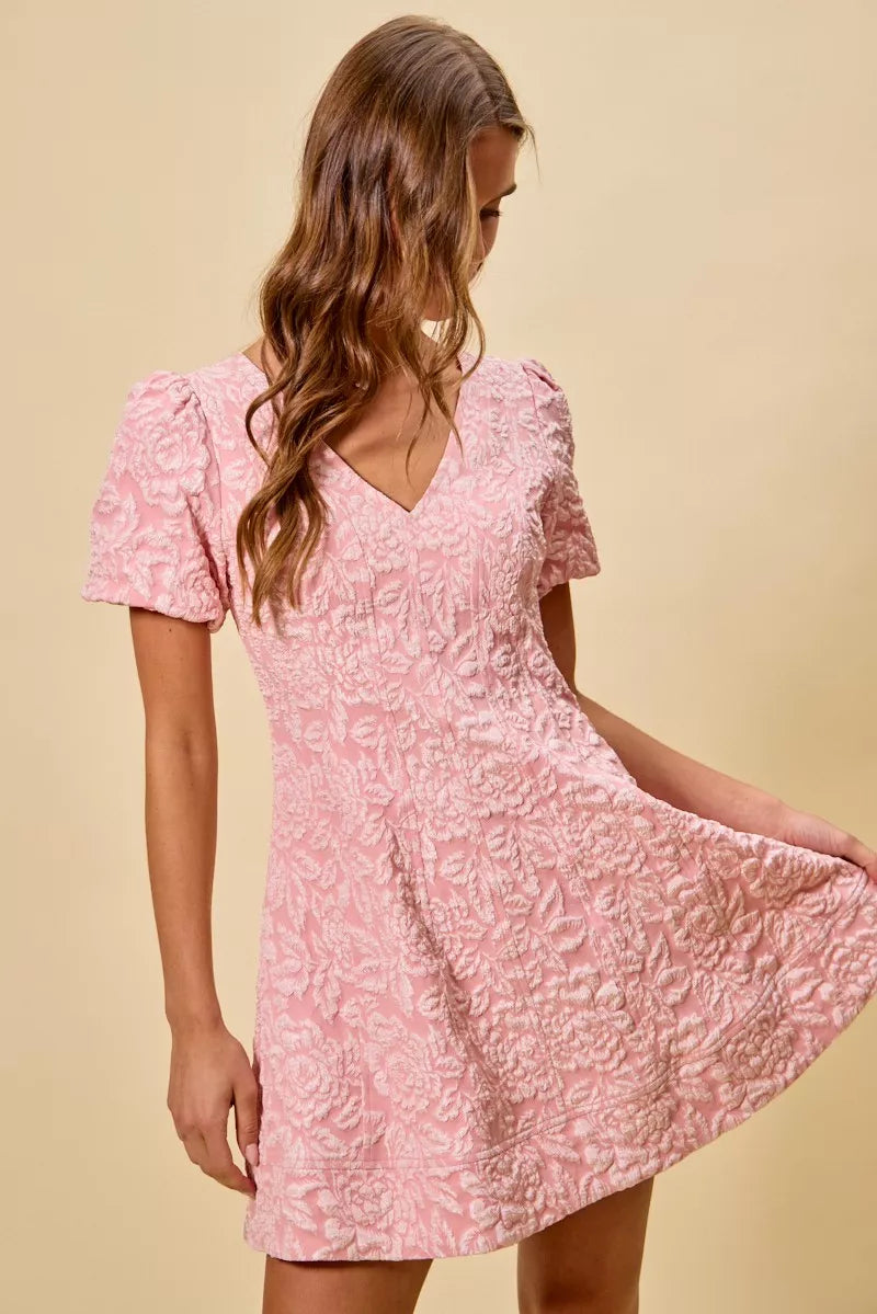 Floral patterned fit-and-flare mini dress with subtle textured fabric