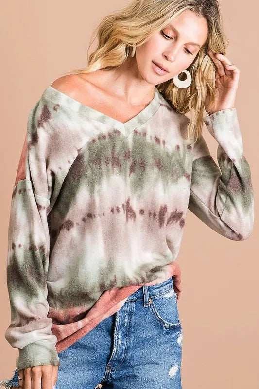 Stretchy tie-dye V-neck top with ombré greens and whites, relaxed fit for casual boho style