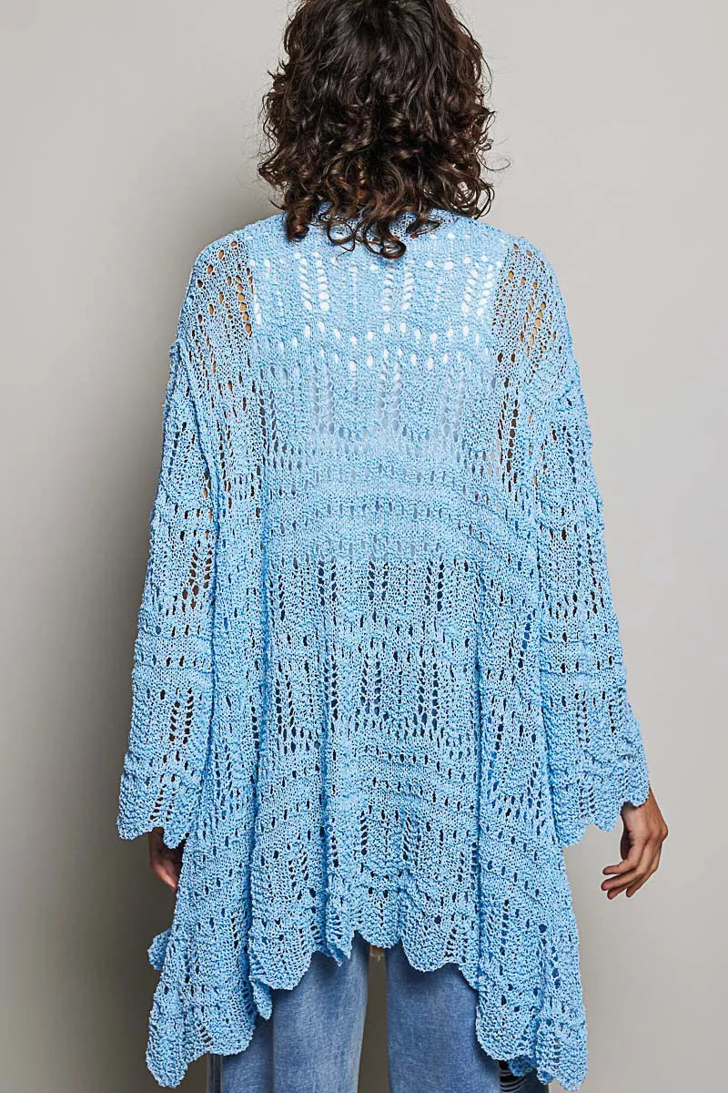 Light blue openwork cardigan with scalloped edge and loose fit
