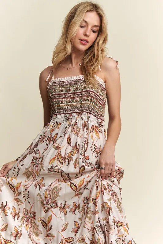 Smocked bodice midi dress with tie shoulders in printed rayon fabric