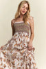 Smocked bodice midi dress with tie shoulders in printed rayon fabric