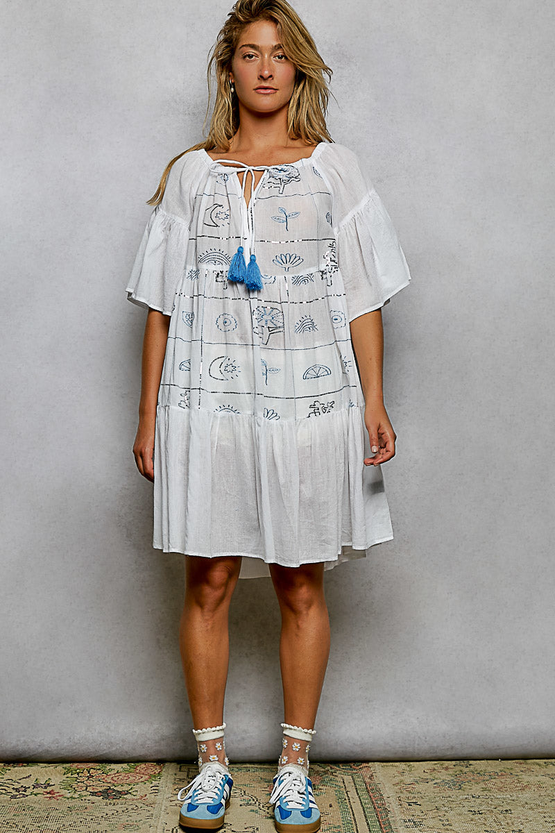 White mini dress with blue grid embroidery square neck half flared sleeves and tassel tie