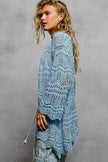 Light blue openwork knit cardigan with scalloped edge and loose fit