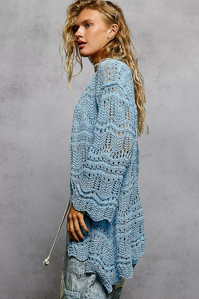 Light blue openwork knit cardigan with scalloped edge and loose fit