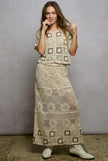 Cream and brown crochet maxi skirt with granny square weave and ruffled waistband