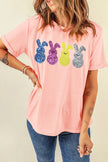 Pink sequin bunny t-shirt with colorful glitter rabbits, relaxed fit, soft cotton texture.