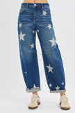 Stretchy star-patterned relaxed jeans modeled on a person