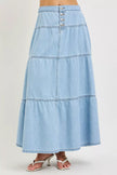 Light blue high-rise tiered denim maxi skirt with button front and ruffle hem