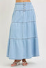 Light blue high-rise tiered denim maxi skirt with button front and ruffle hem
