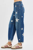 Mid-rise barrel jeans showcasing stretchy fabric and star design