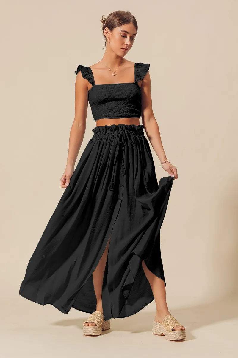 Charcoal black smocked top with ruffled sleeves and square neckline