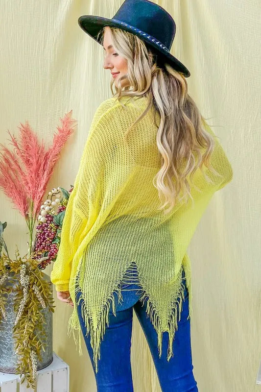 Yellow distressed mesh V-neck sweater cover-up with fringe hem and loose fit