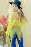 Yellow distressed mesh V-neck sweater cover-up with fringe hem and loose fit