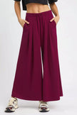 Merlot red wide-leg pants with pintuck detailing and elastic waistband