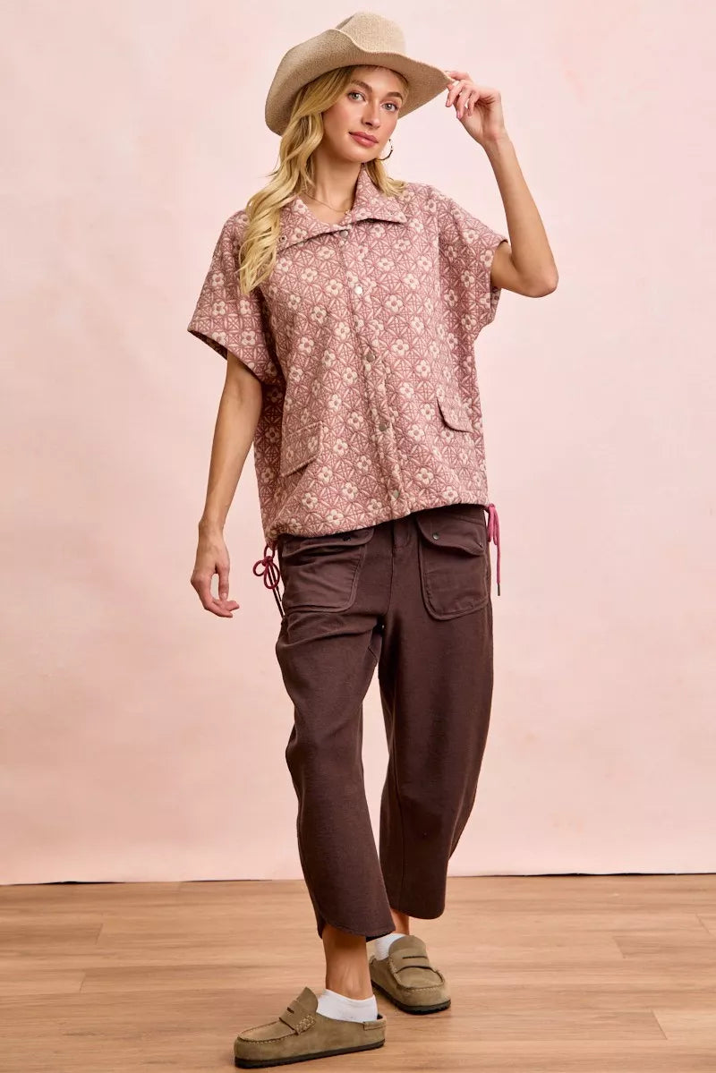 Close detail of terry fabric on relaxed wide-leg pants