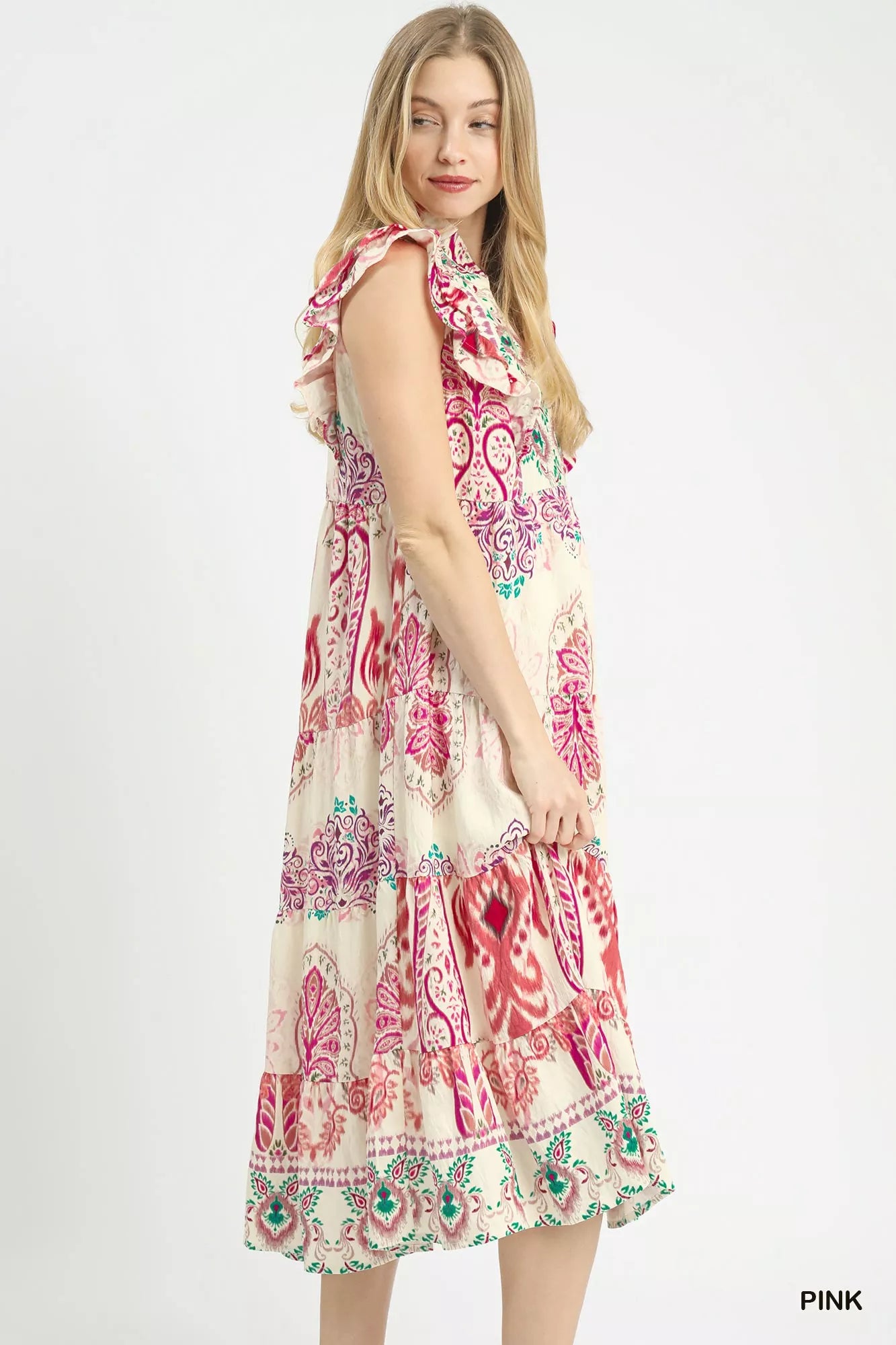 Ruffle midi dress in soft fabric with boho border print