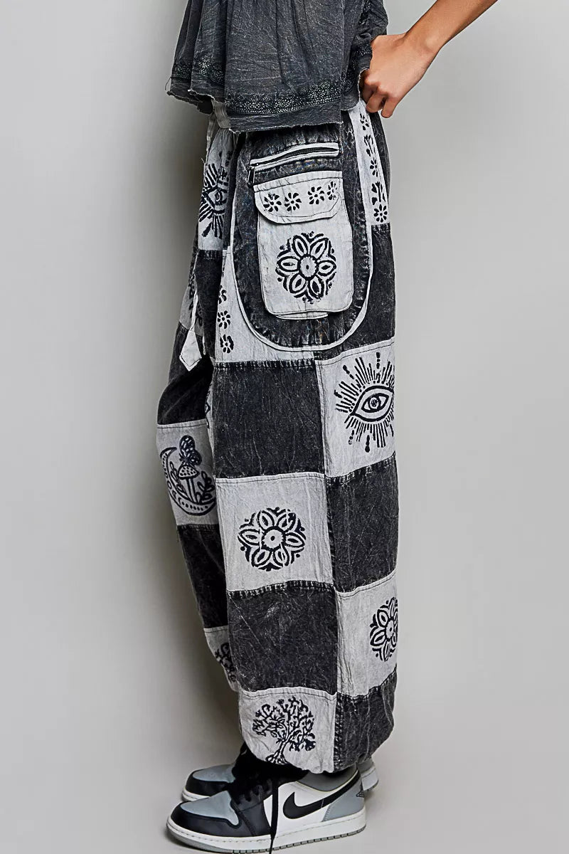 High rise grey patchwork joggers with black Aztec print and drawstring waist fit