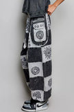 High rise grey patchwork joggers with black Aztec print and drawstring waist fit