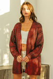 Red metallic knit V-neck cardigan, shimmering texture, loose fit, open front