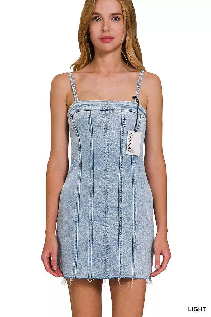 Light-wash denim dress with spaghetti straps and exposed seam detailing