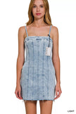 Light-wash denim dress with spaghetti straps and exposed seam detailing