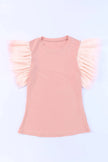 Pink ribbed blouse with ruffled cap sleeves and polka dot mesh accents