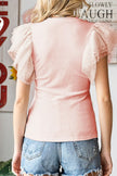 Pink ribbed blouse with ruffled cap sleeves and round neck fit