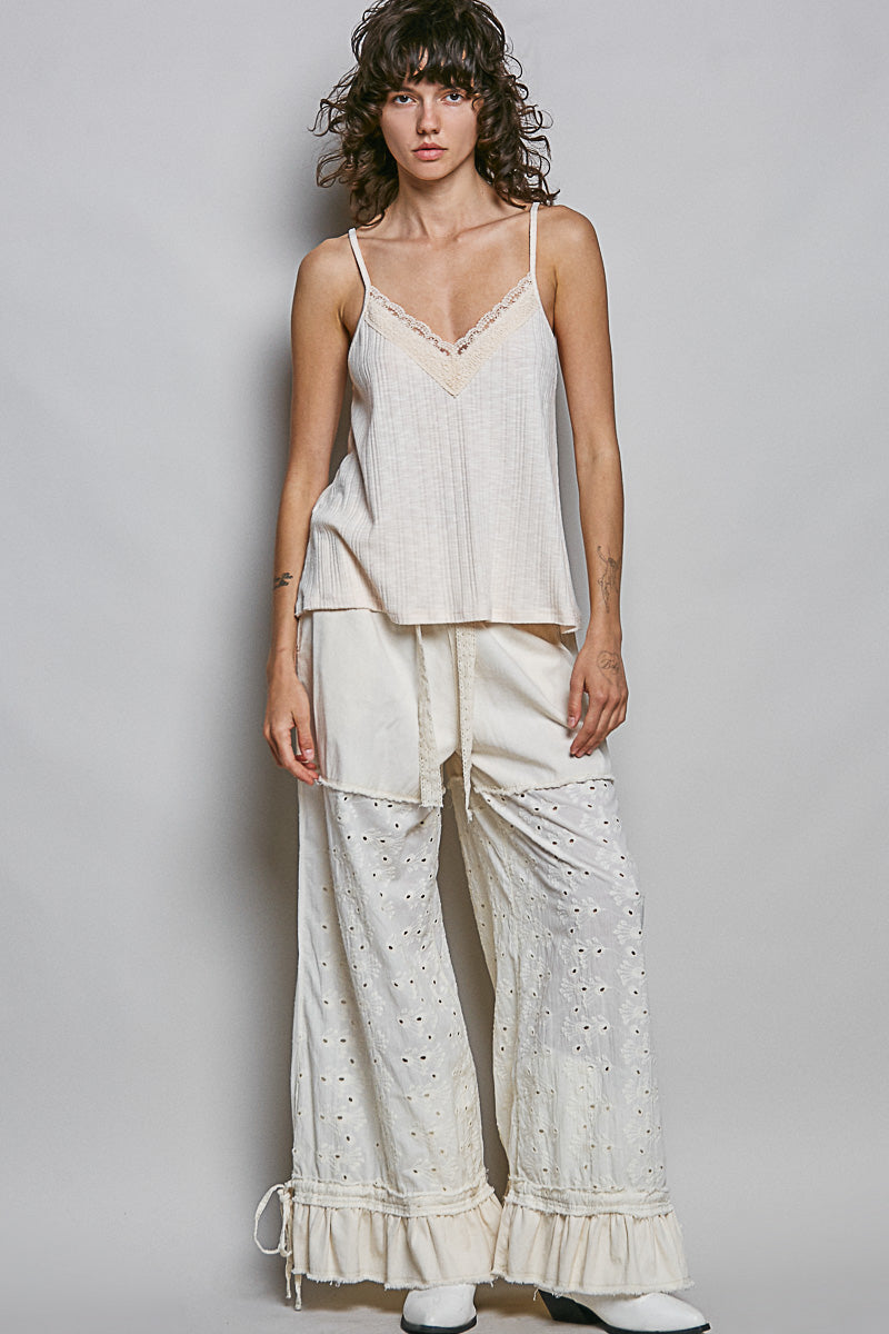 Delicate lace v-neck textured knit cami with soft neutral tones and comfortable relaxed fit