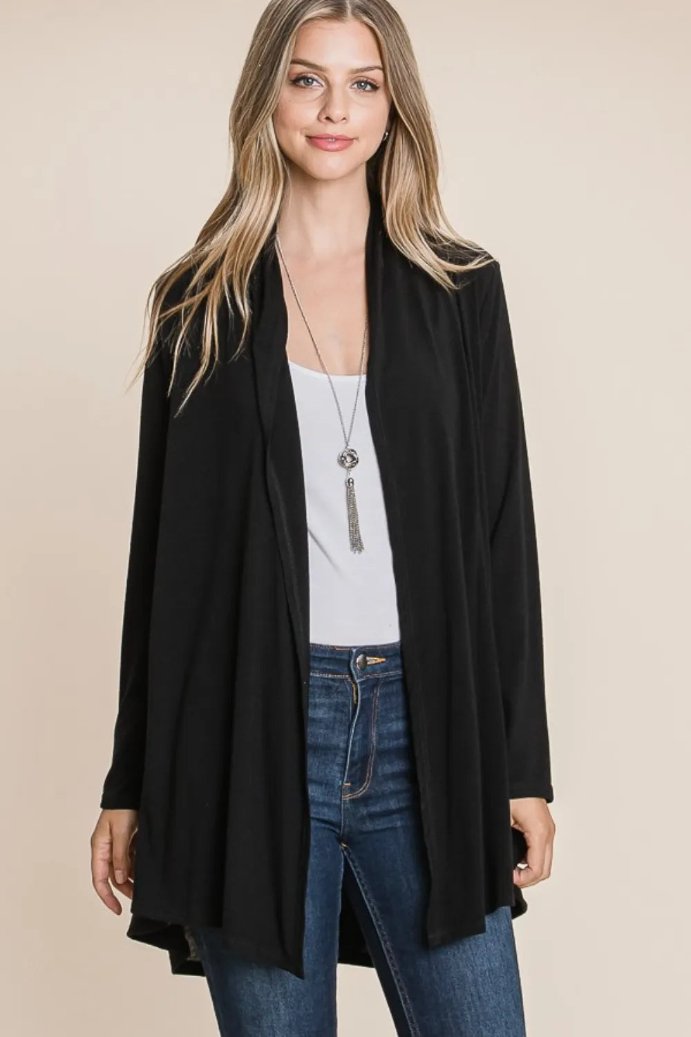 Charcoal cardigan back view showing relaxed fit
