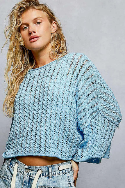 Close-up of subtle shine on cropped sweater top with 34 bust fit