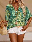 Green yellow patterned v-neck blouse with loose fit and woven texture