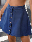 Light gray denim skirt with button closure and casual styling