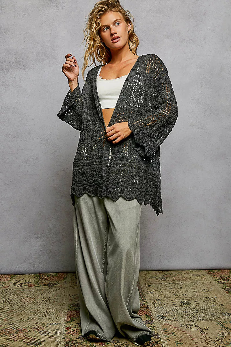 Gray openwork cardigan with scalloped edge, lightweight knit, loose fit, textured fabric.