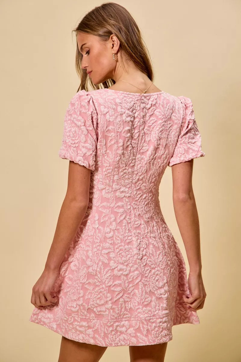 Fit-and-flare mini dress in floral jacquard with V-neck and flared hem