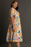 Vibrant abstract print, flutter sleeves, tiered frill midi dress, plus size fit