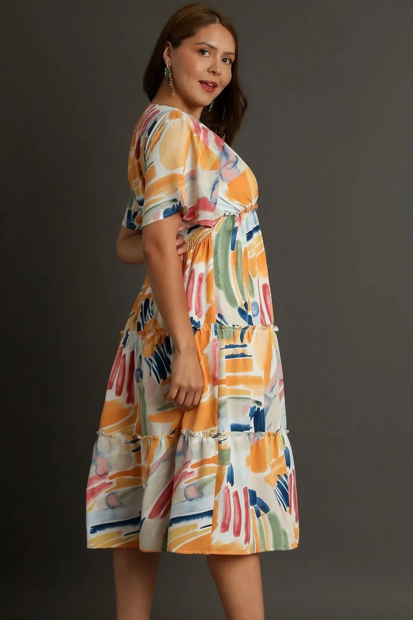 Vibrant abstract print, flutter sleeves, tiered frill midi dress, plus size fit