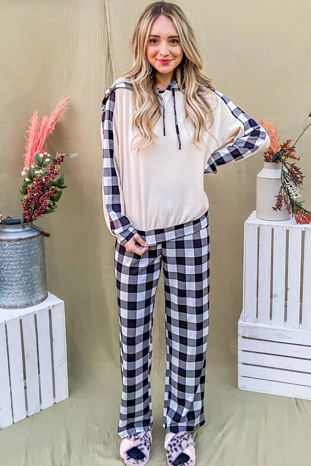 Plaid lounge set featuring soft hooded top and drawstring pants