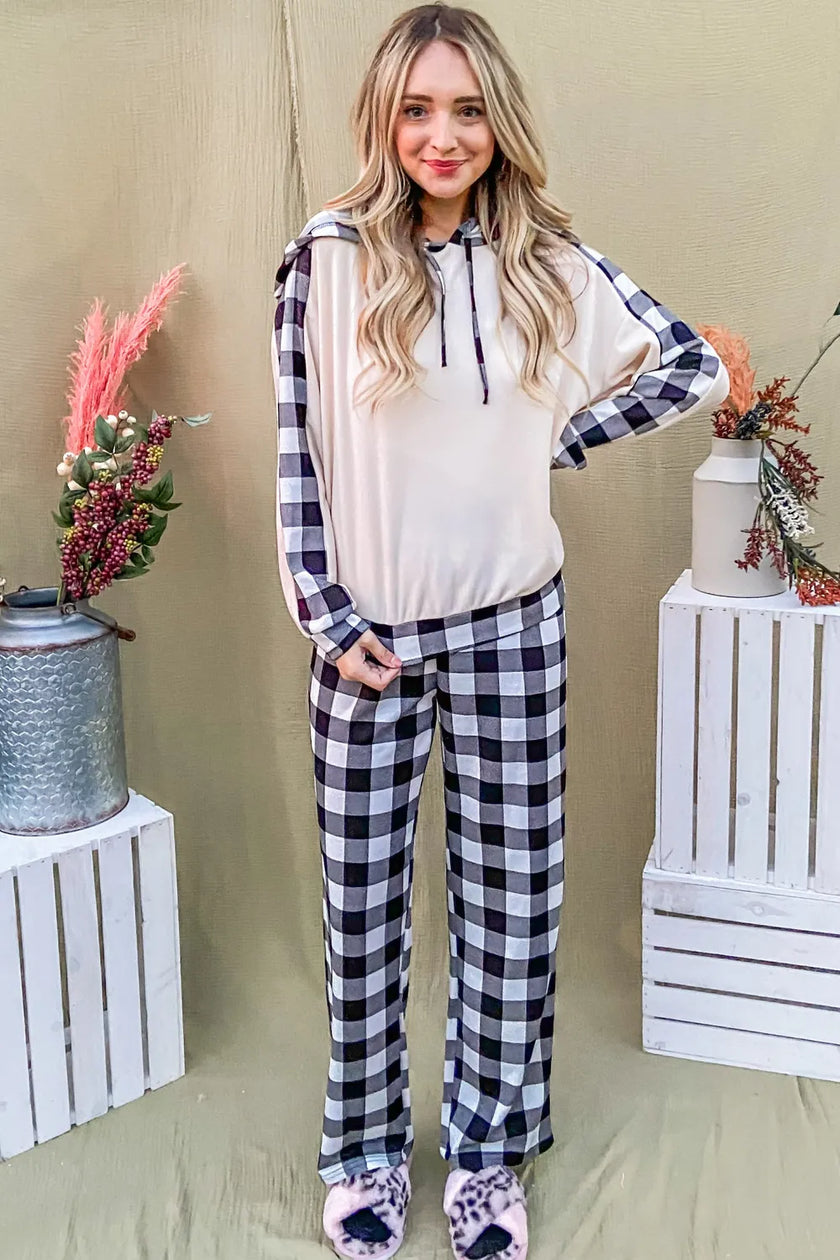 Plaid lounge set featuring soft hooded top and drawstring pants