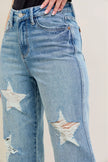 **High-waisted straight-leg plus jeans: rigid magic-washed light blue denim with star-shaped distressed rips.**