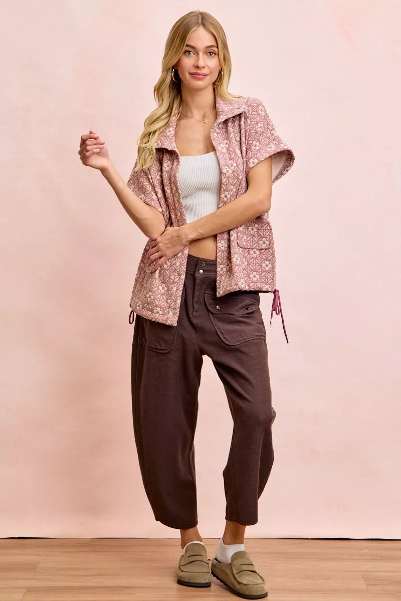 Relaxed fit terry pants in mocha brown with subtle pattern