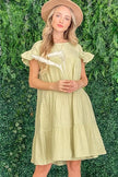 Light green cotton gauze baby doll dress with ruffled tiered hem and short sleeves