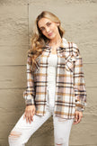 Classic plaid button-front shirt jacket in red and black with breast pockets