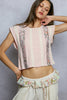 Pink cropped t-shirt with floral patch and lace trim, short sleeve round neck design, soft fabric texture, relaxed fit