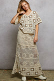 Cream crochet maxi skirt with brown granny square pattern and ruffled waistband
